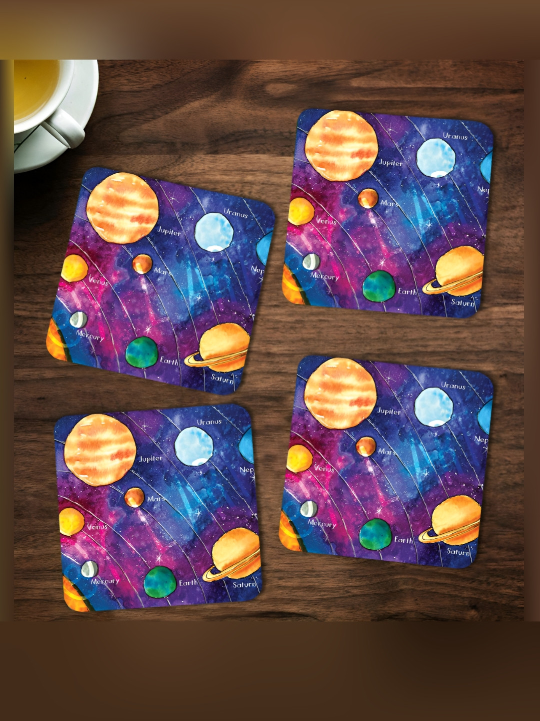 ARTBUG Blue & Yellow 4 Pieces Planets Printed Square Wooden Coasters