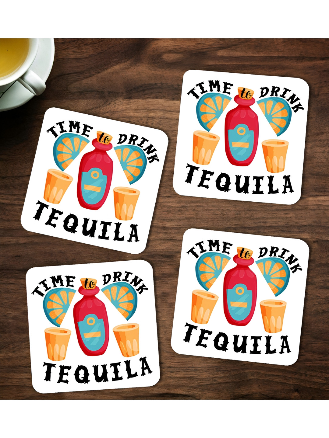 ARTBUG White & Orange 4 Pieces Printed Square Wooden Coasters