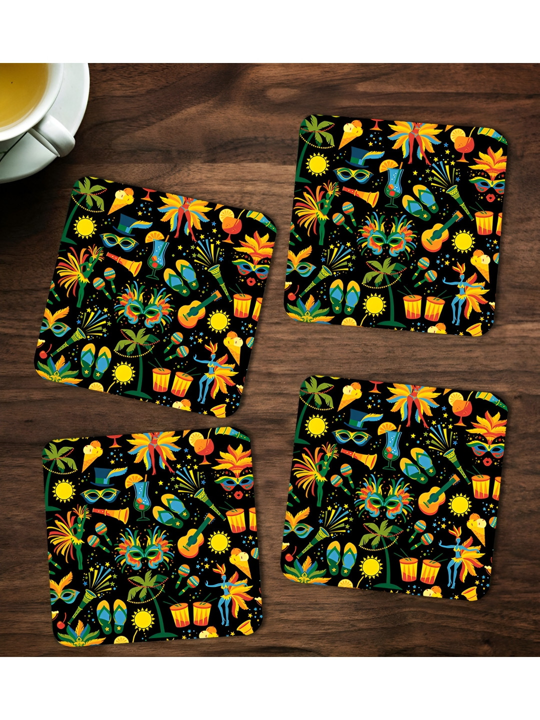 ARTBUG Black & Yellow 4 Pieces Abstract Printed Square Wooden Coasters