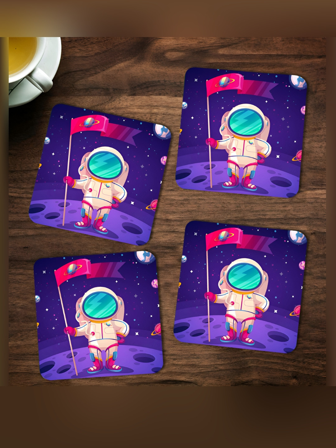 ARTBUG Blue & Pink 4 Pieces Astronaut Printed Square Wooden Coasters