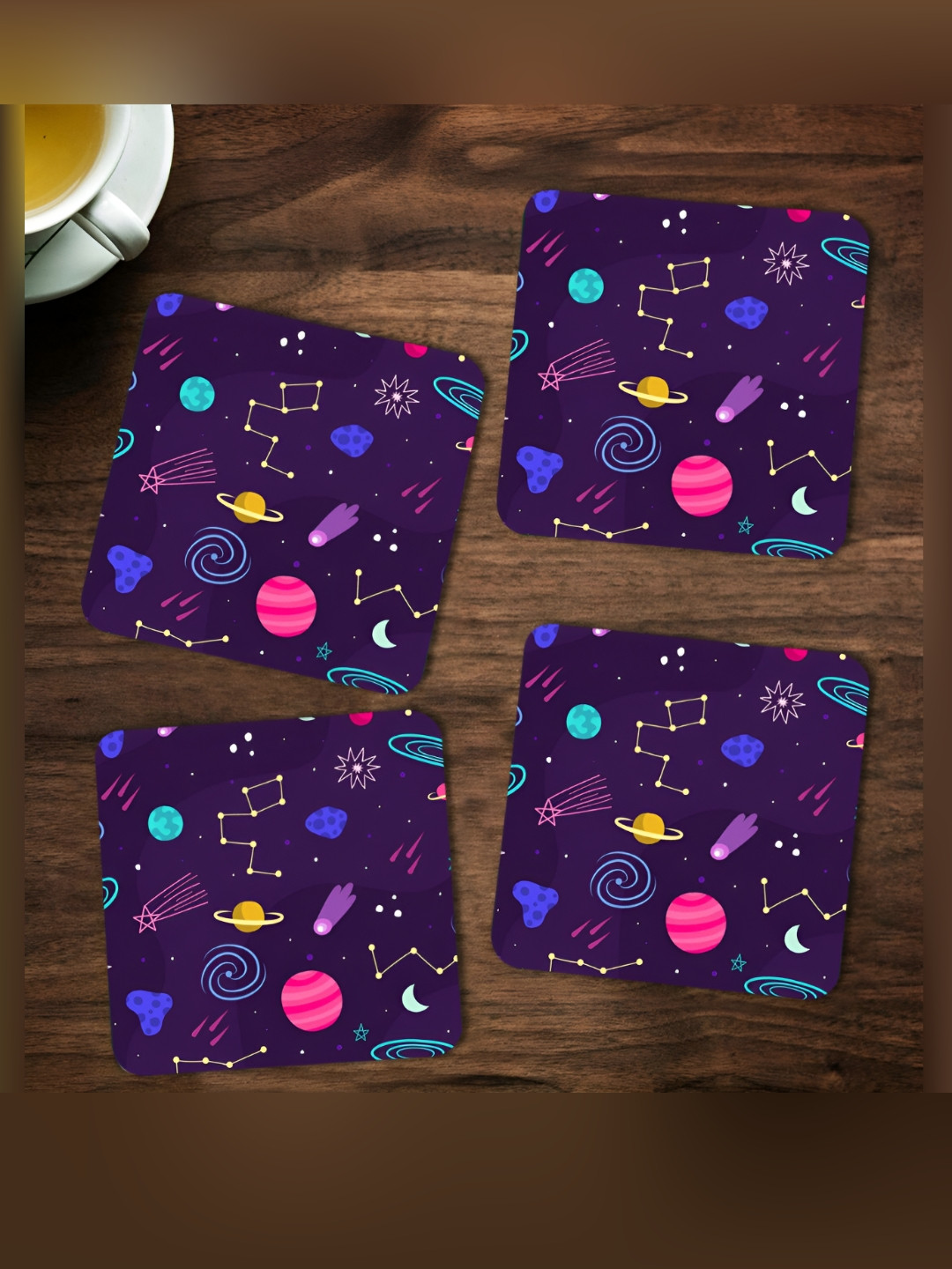 ARTBUG Purple & Pink 4 Pieces Space Printed Square Wooden Coasters