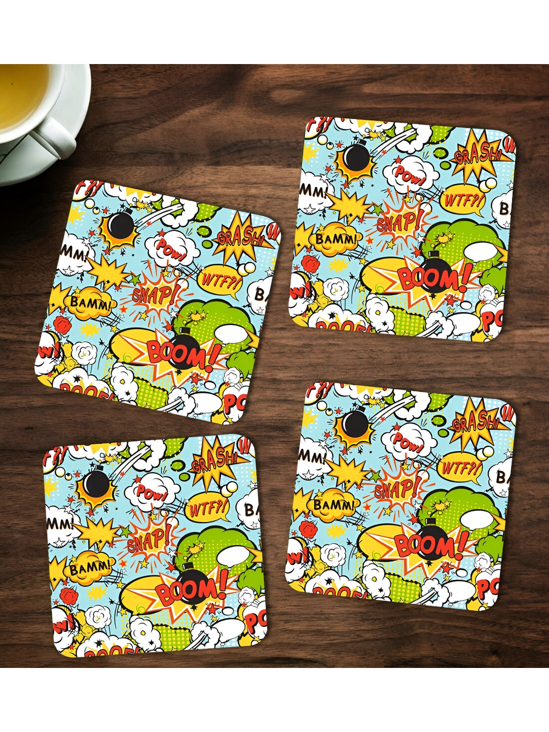 ARTBUG  Blue & Yellow 4 Pieces Printed Wooden Coasters