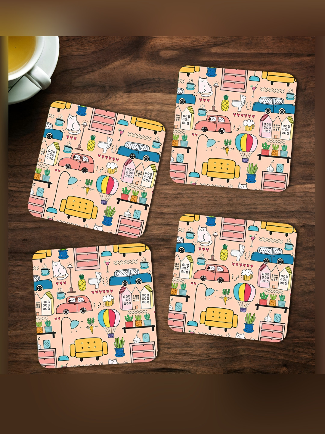 ARTBUG Pink & Blue 4 Pieces Abstract Printed Wooden Coasters