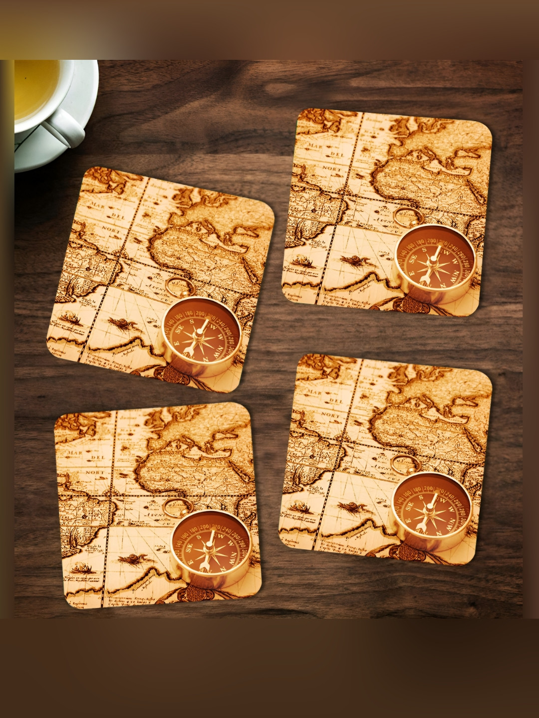 ARTBUG Beige & Orange 4 Pieces Map Printed Wooden Coasters