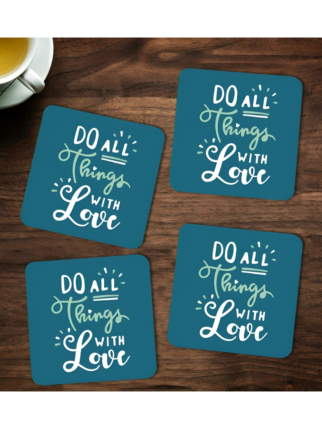 ARTBUG Green & White 4 Pieces Do All Things With Love Printed Coasters