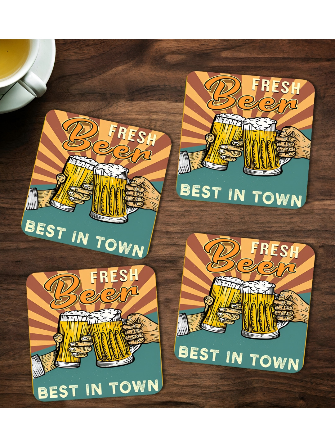 ARTBUG Green & Yellow 4 Pieces Fresh Beer Printed Wooden Coasters