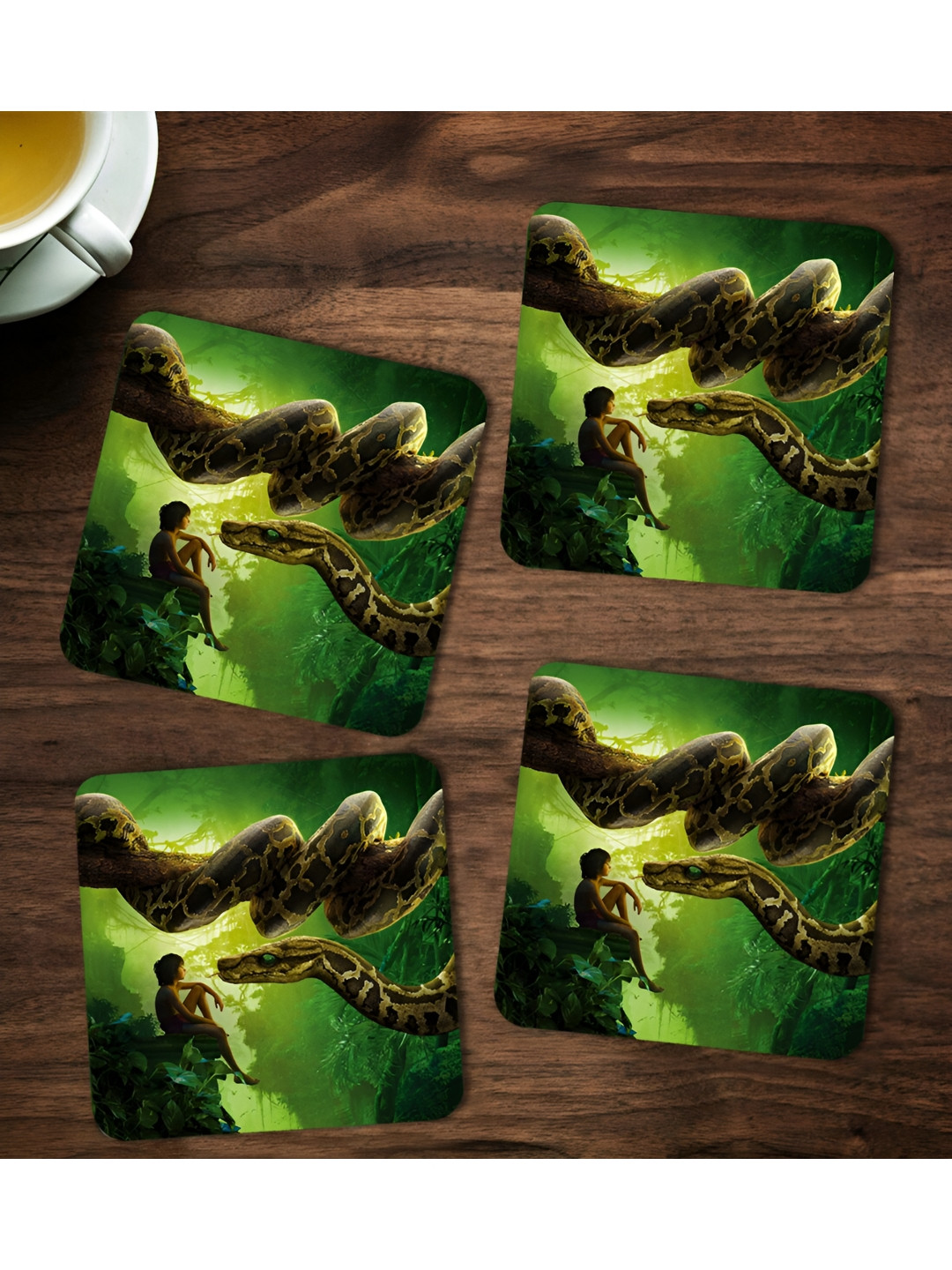 ARTBUG Green & Brown 4 Pieces Mowgli Printed Wooden Coasters