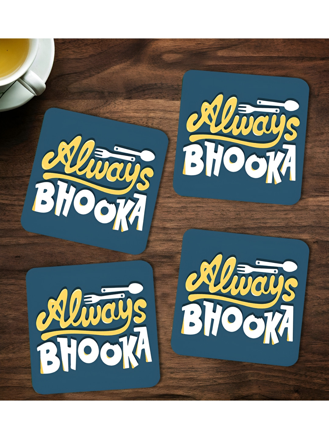 ARTBUG Blue & Yellow 4 Pieces Always Bhooka Printed Coasters