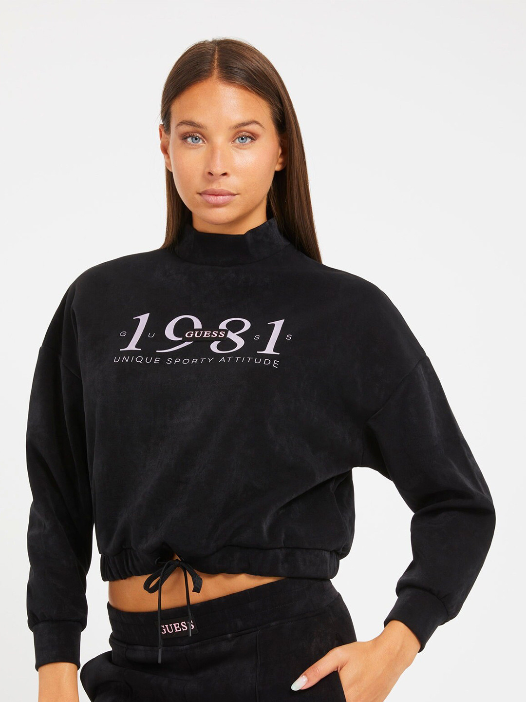 GUESS Typography Printed High Neck Drawstring Pullover