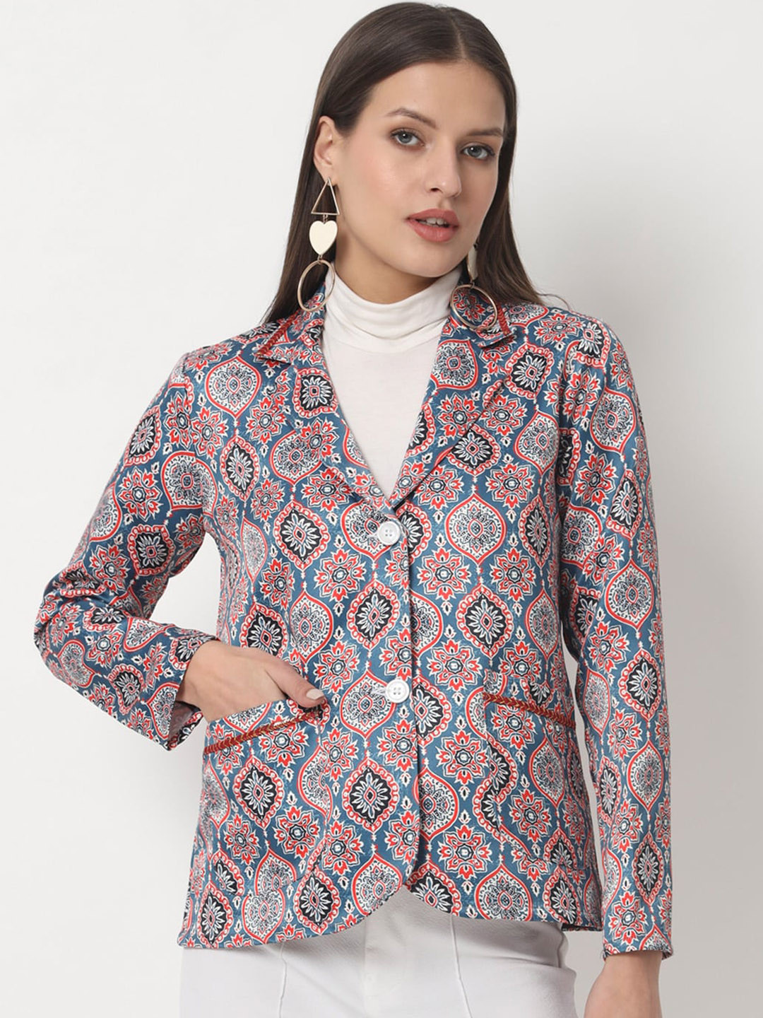angloindu Printed Lightweight Satin Single-Breasted Blazer
