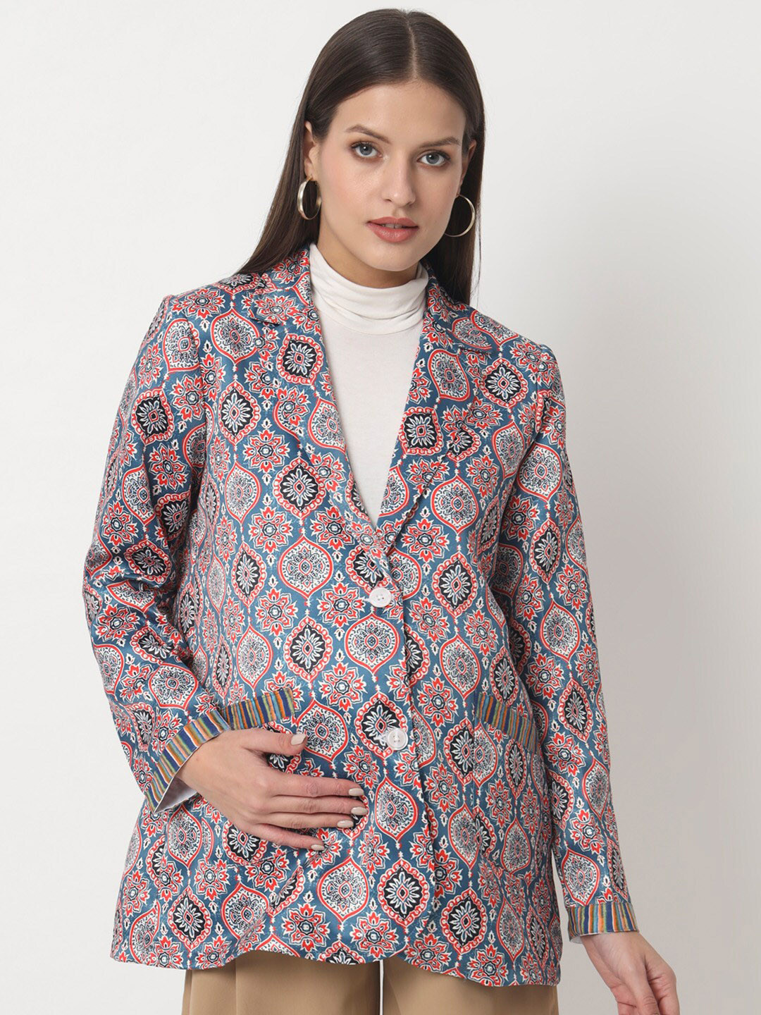angloindu Printed Lightweight Satin Single-Breasted Maternity Blazer