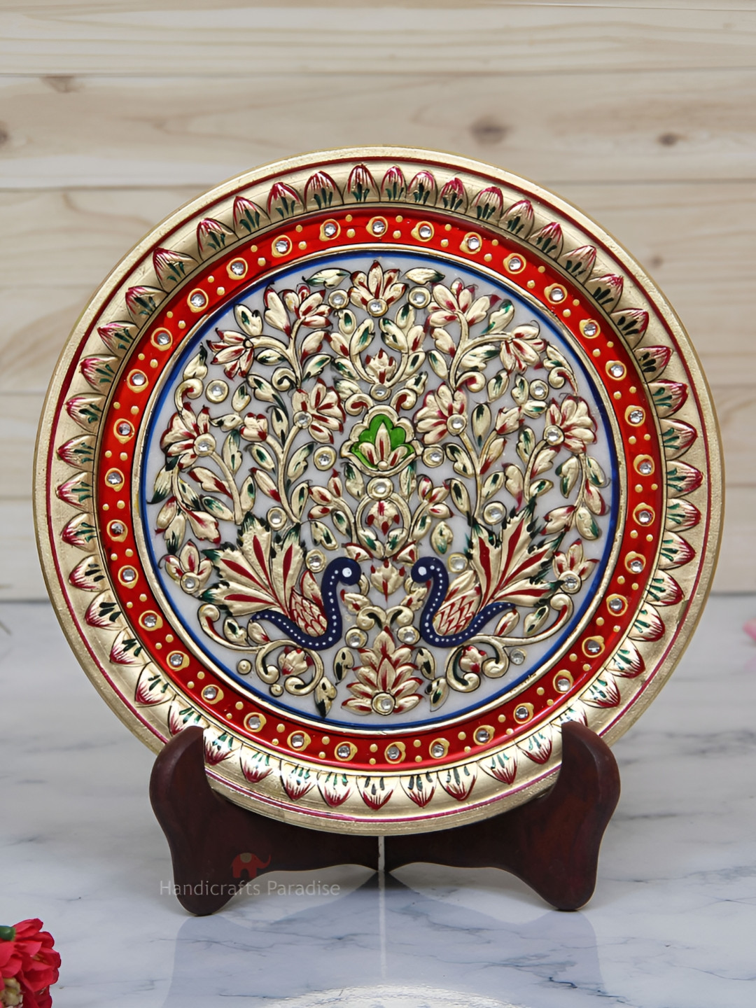 HANDICRAFTS PARADISE Plate Red Marble Natural Living Room Hand-Crafted Set of 2 Medium Showpieces - 0.5 Inches