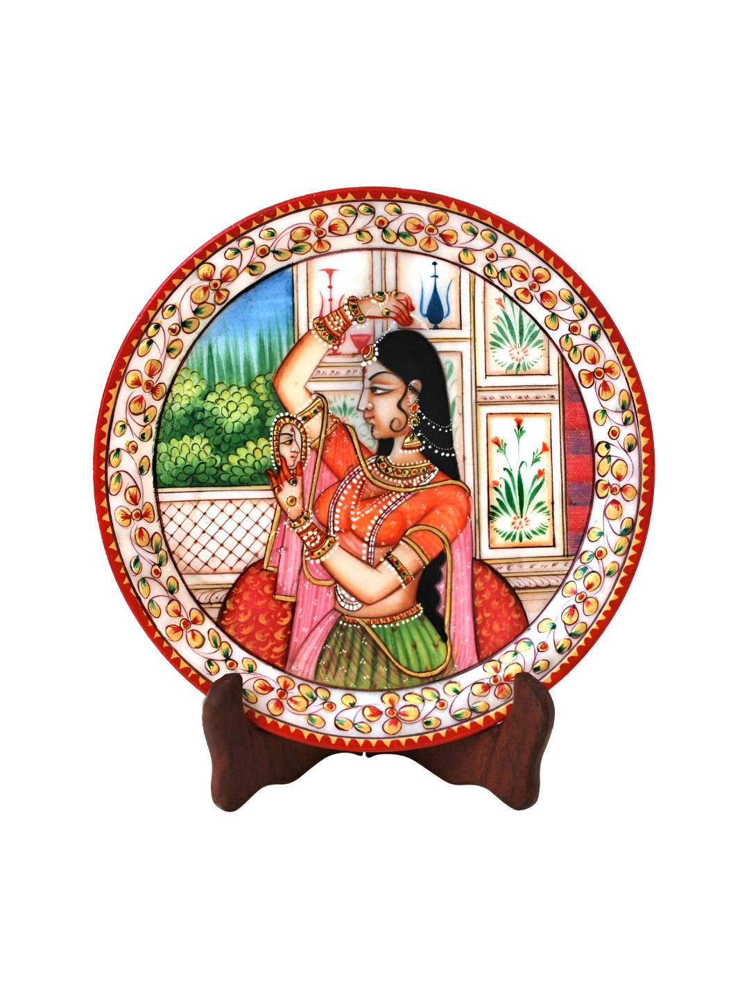 HANDICRAFTS PARADISE White & Red Floral Printed Decorative Marble Plate Showpiece