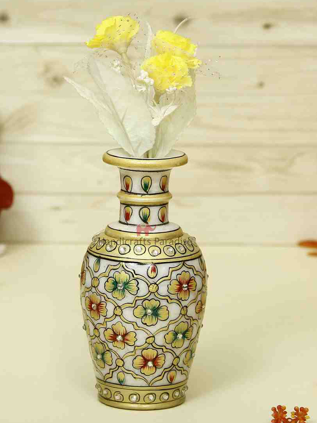 HANDICRAFTS PARADISE Flower Vase White Marble Glossy Living Room Small Showpiece - 6 Inches