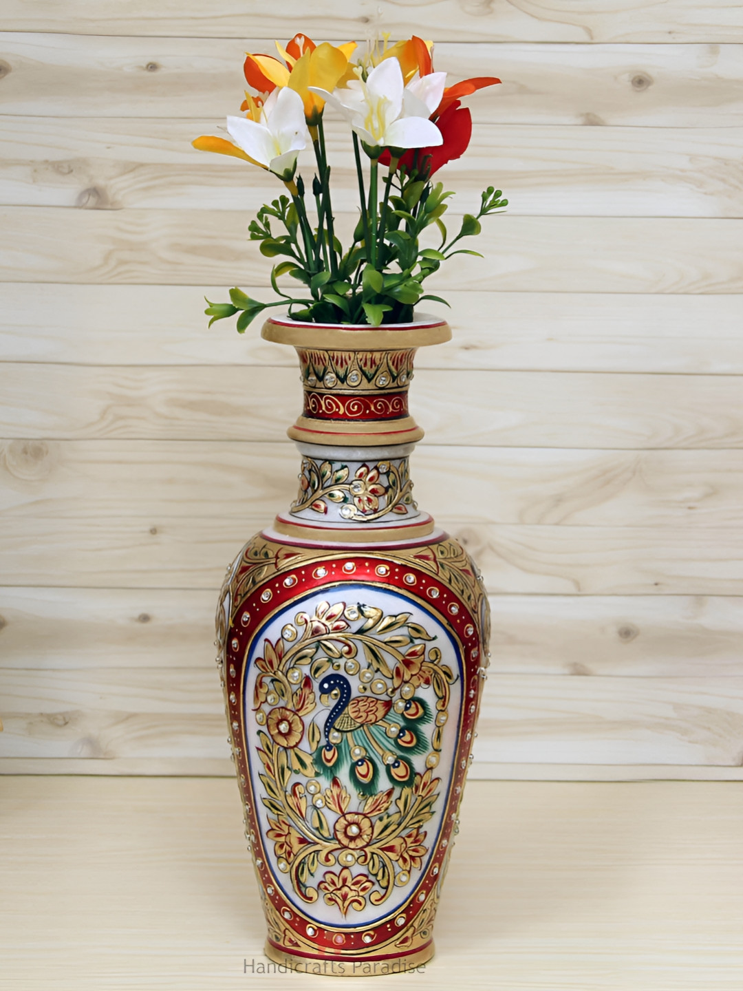 HANDICRAFTS PARADISE Flower Pot with intricate Emboss Painting White Marble Natural Living Room Small Showpiece - 9 Inches