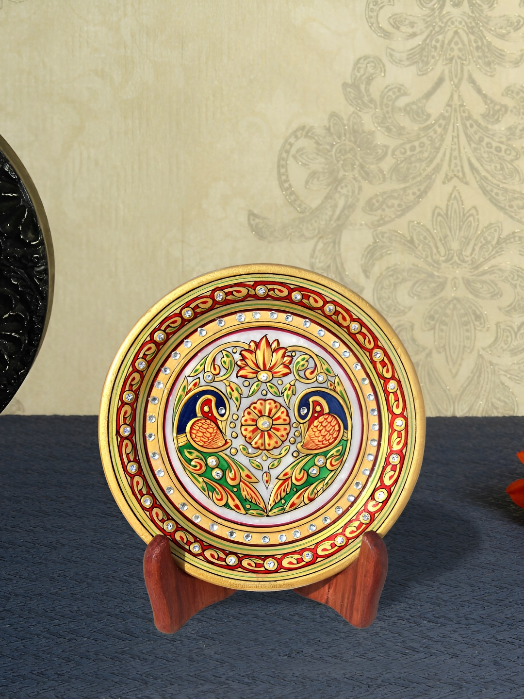 HANDICRAFTS PARADISE White & Gold Toned Peacock Printed Marble Plate Showpiece