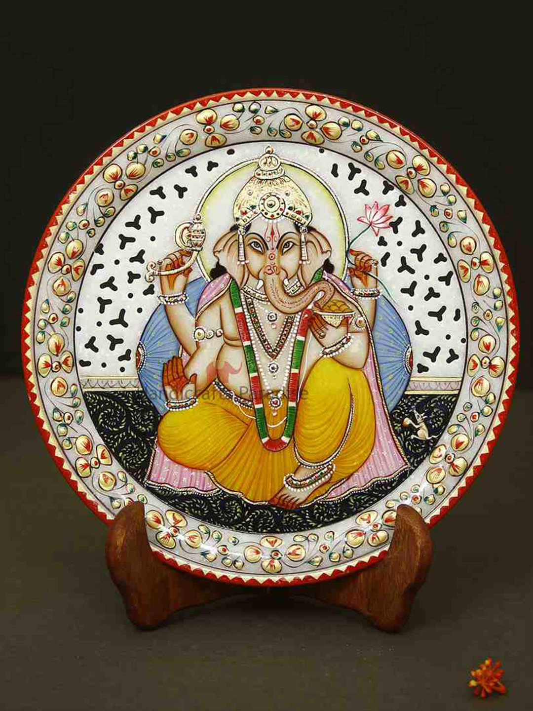 HANDICRAFTS PARADISE Plate Cut Work Ganpati Yellow Marble Glossy Prayer Room Set of 2 Small Showpieces - 9 Inches