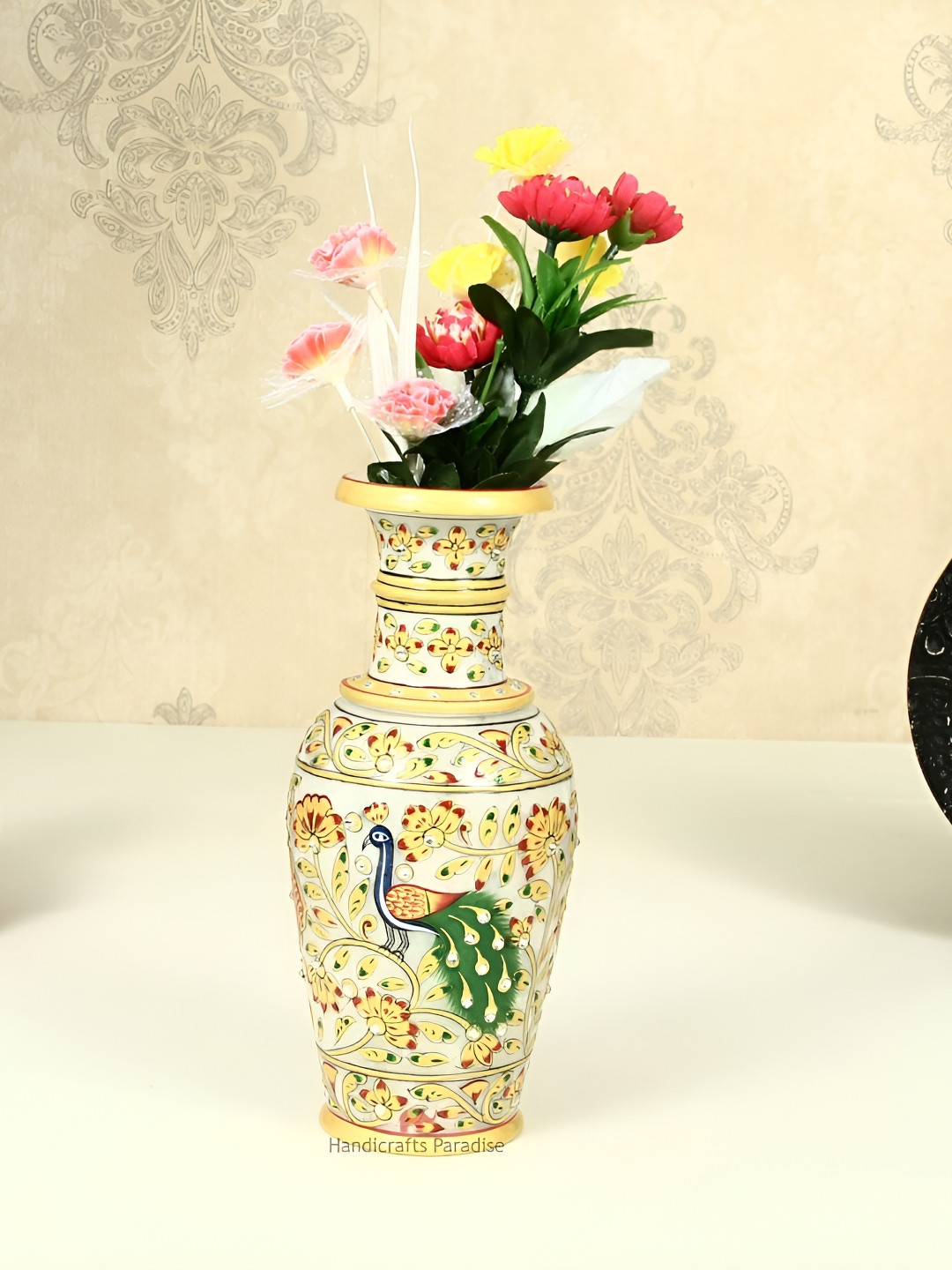 HANDICRAFTS PARADISE White & Gold Toned Peacock Printed Marble Flower Vase