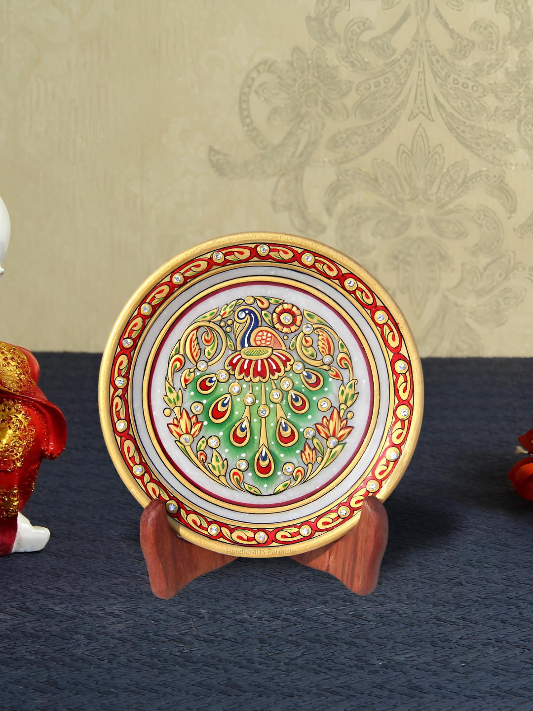 HANDICRAFTS PARADISE Peacock with Feathers Spread on Plate Red Marble Glossy Living Room Set of 2 Medium Showpieces - 0.5 Inches