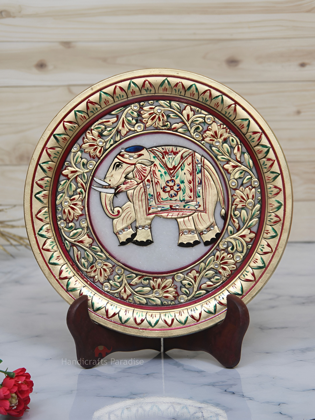 HANDICRAFTS PARADISE Elephant Gold Marble Glossy Garden Set of 2 Small Showpieces - 9 Inches