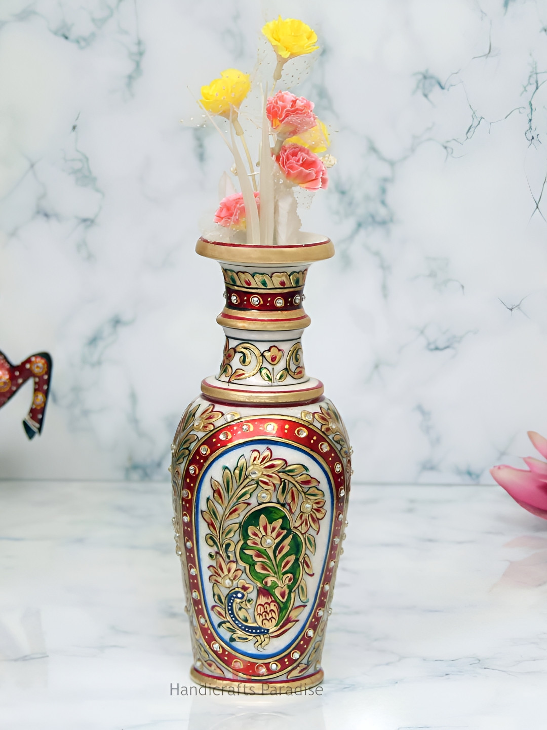 HANDICRAFTS PARADISE Peacock Flower Pot Gold Marble Metallic Living Room Hand-Painted Small Showpiece - 4 Inches