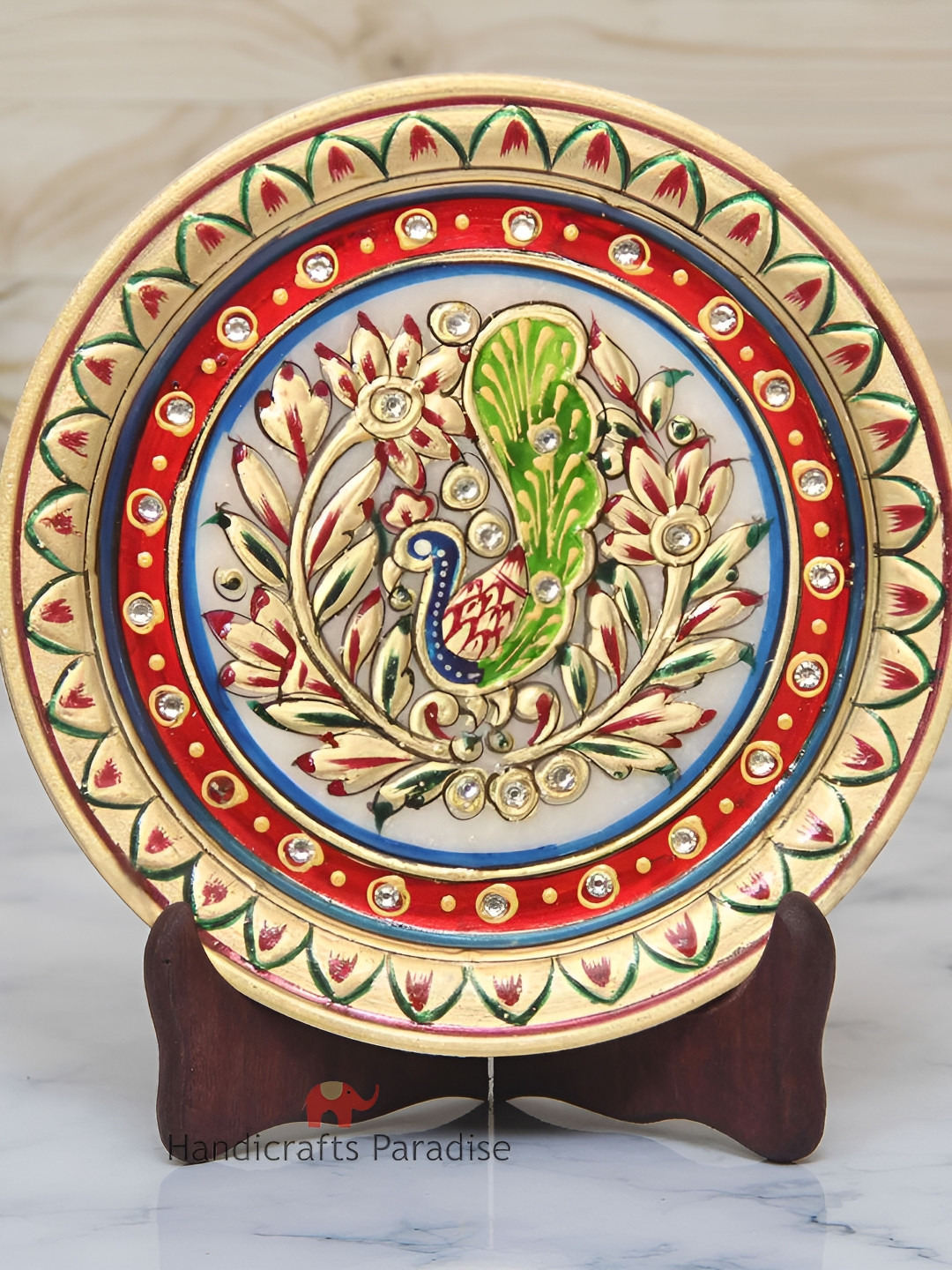 HANDICRAFTS PARADISE Peacock Plate White Marble Metallic Living Room Set of 2 Small Showpieces - 6 Inches