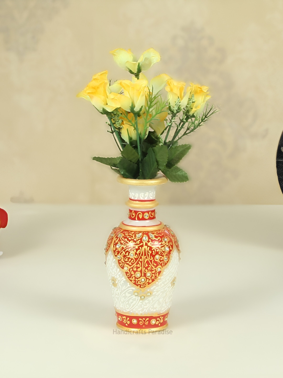 HANDICRAFTS PARADISE Kundan Flower Vase White Marble Glossy Living Room Small Showpiece - 6 Inches