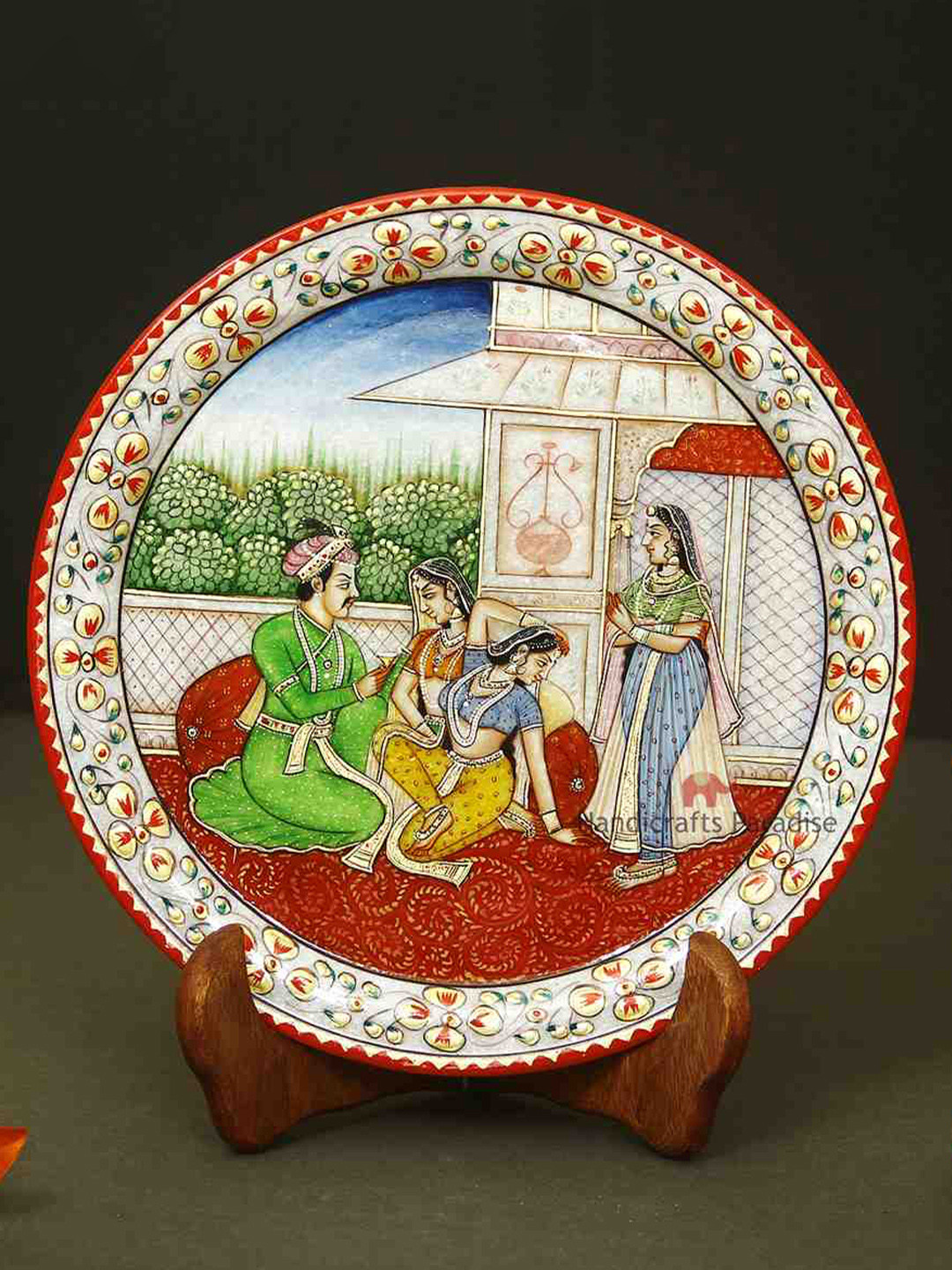 HANDICRAFTS PARADISE Plate Red Marble Glossy Living Room Set of 2 Small Showpieces - 9 Inches