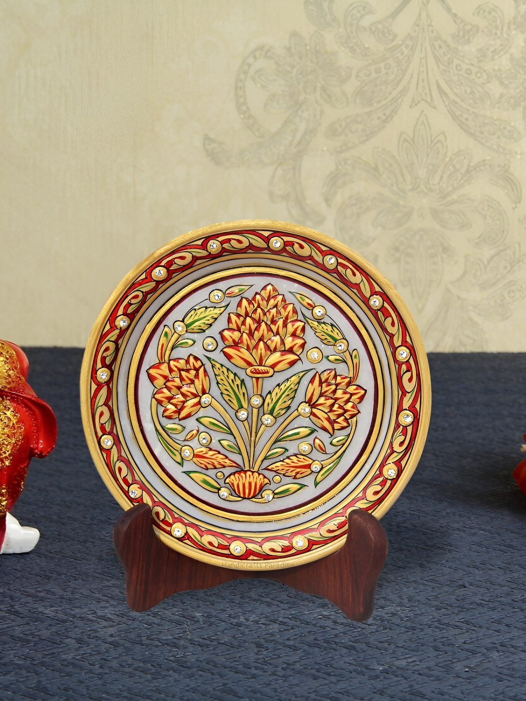 HANDICRAFTS PARADISE Floral Plate Red Marble Glossy Living Room Set of 2 Medium Showpieces - 0.5 Inches