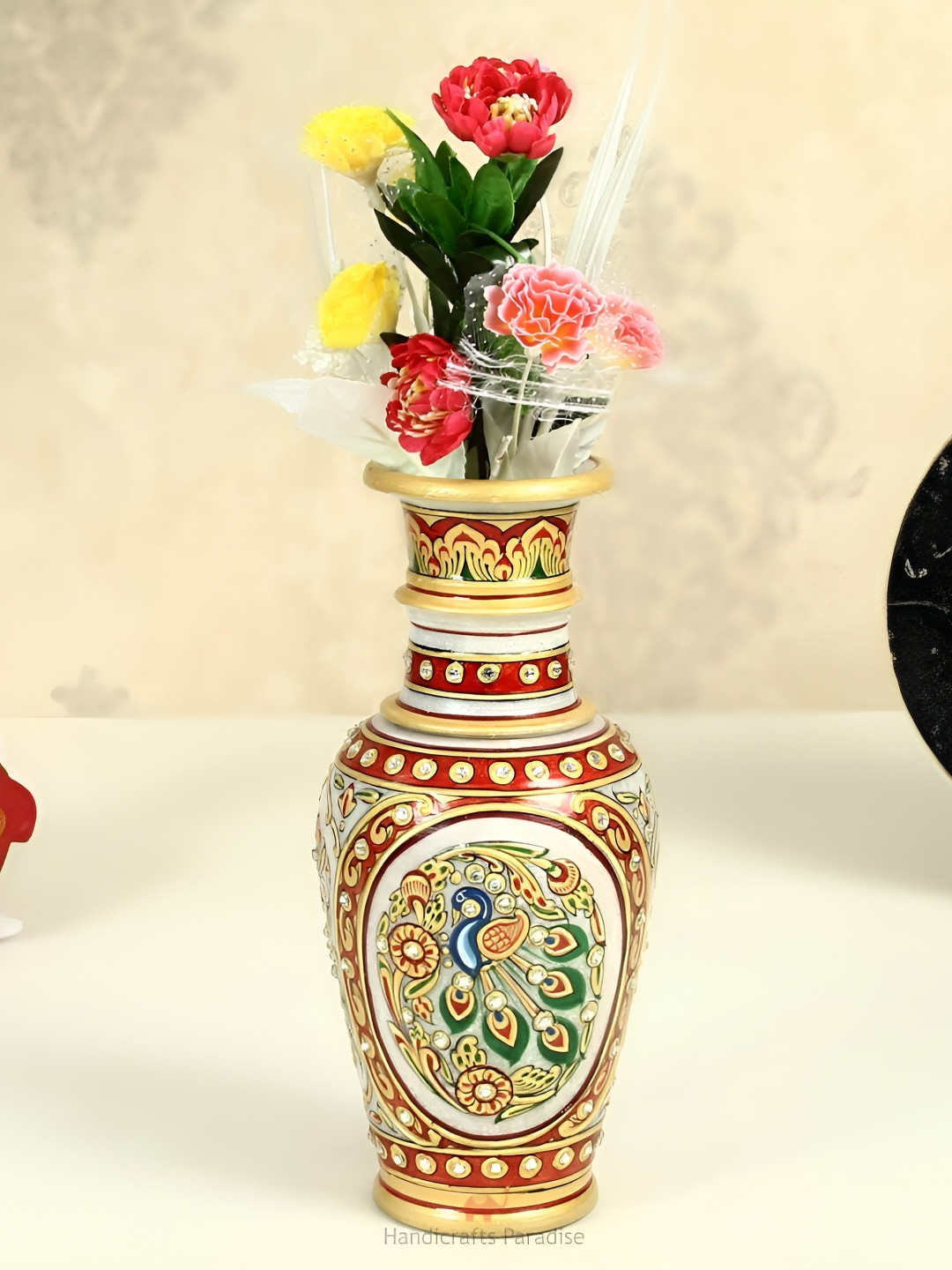 HANDICRAFTS PARADISE White & Gold Toned Peacock Printed Textured Marble Vase