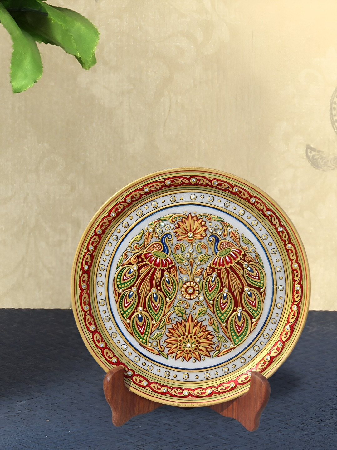 HANDICRAFTS PARADISE Peacock with Beautiful Feathers Red Marble Metallic Living Room Set of 2 Medium Showpieces - 0.5 Inches