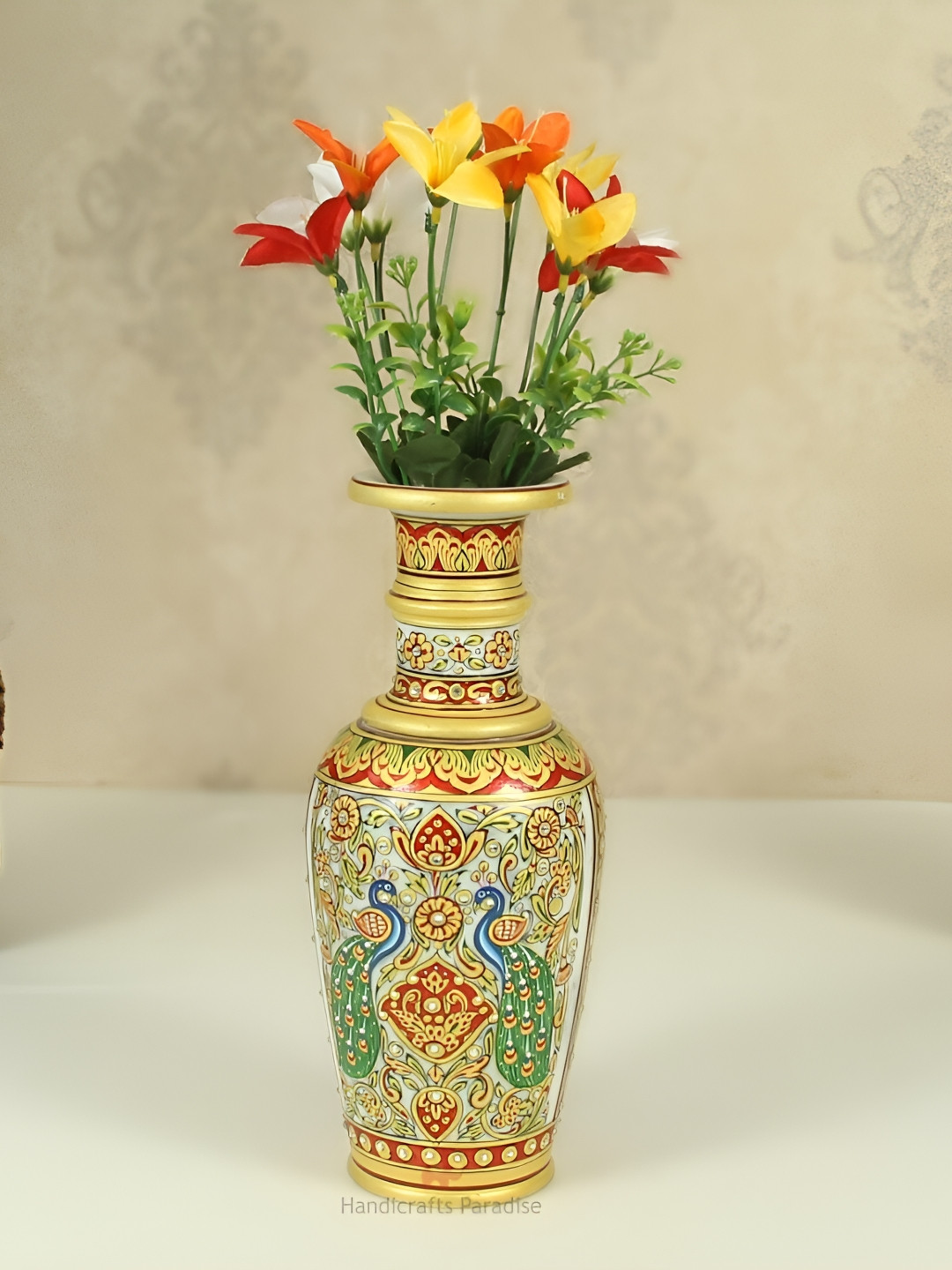 HANDICRAFTS PARADISE Flower Vase Peacock Design Red Marble Glossy Living Room Medium Showpiece - 5 Inches