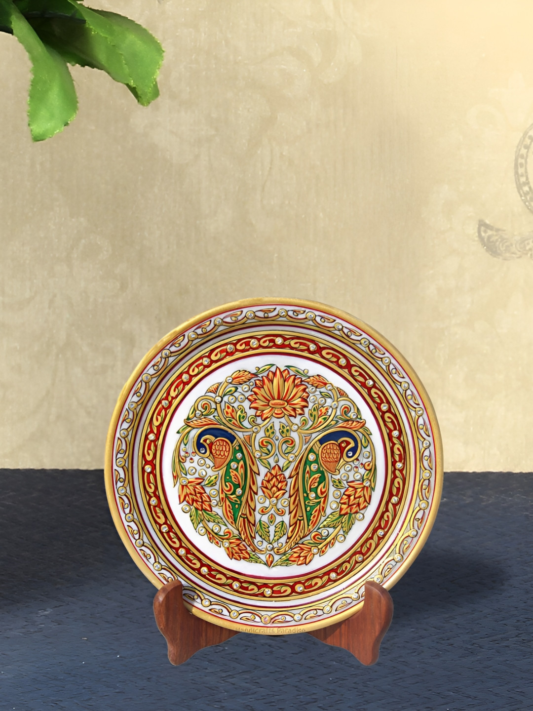 HANDICRAFTS PARADISE Plate with Pair Of Peacock and Flowers Red Marble Matte Living Room Hand-Crafted Set of 2 Medium Showpieces - 0.5 Inches