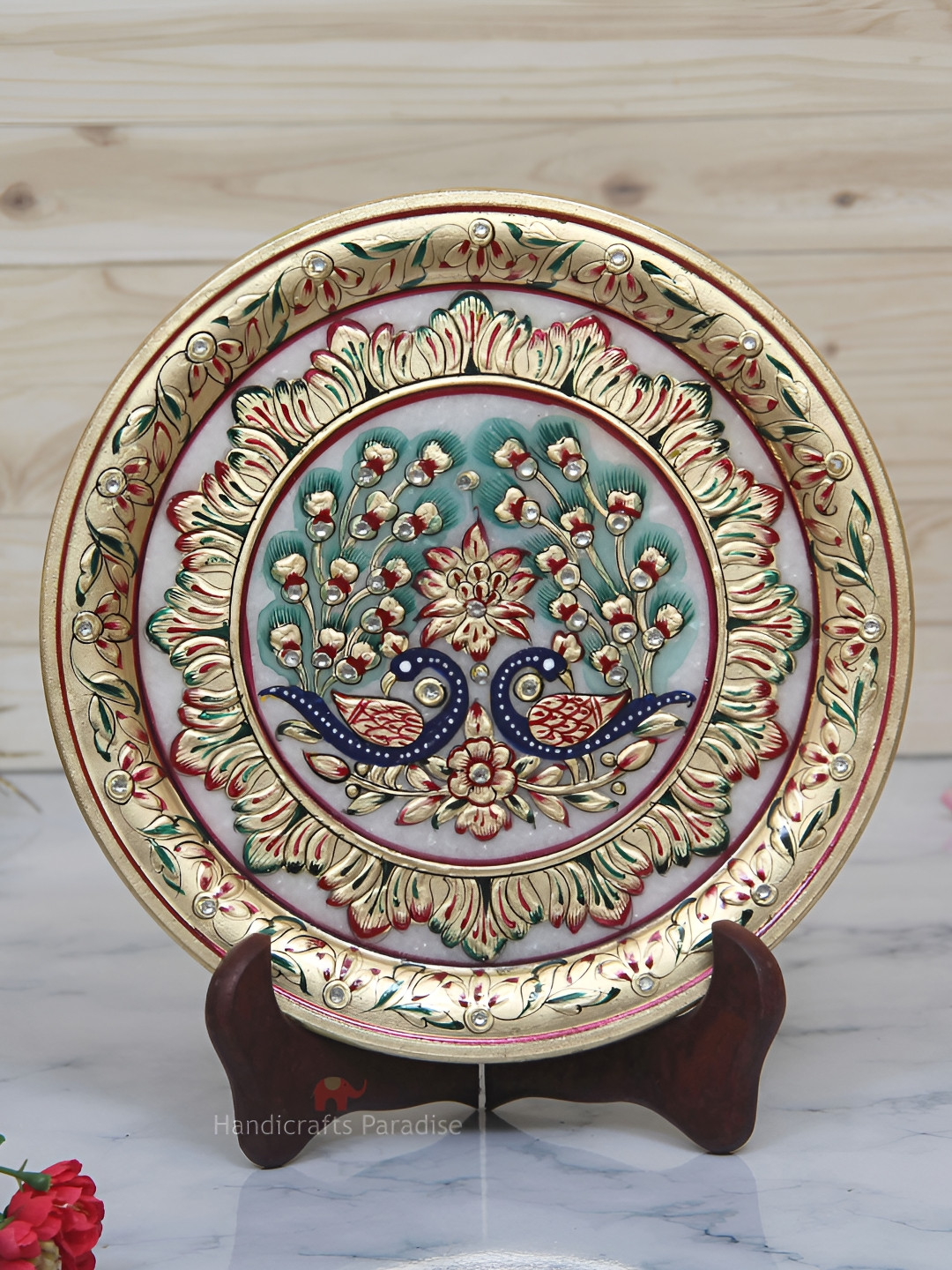 HANDICRAFTS PARADISE Plate Red Marble Metallic Living Room Set of 2 Medium Showpieces - 0.5 Inches