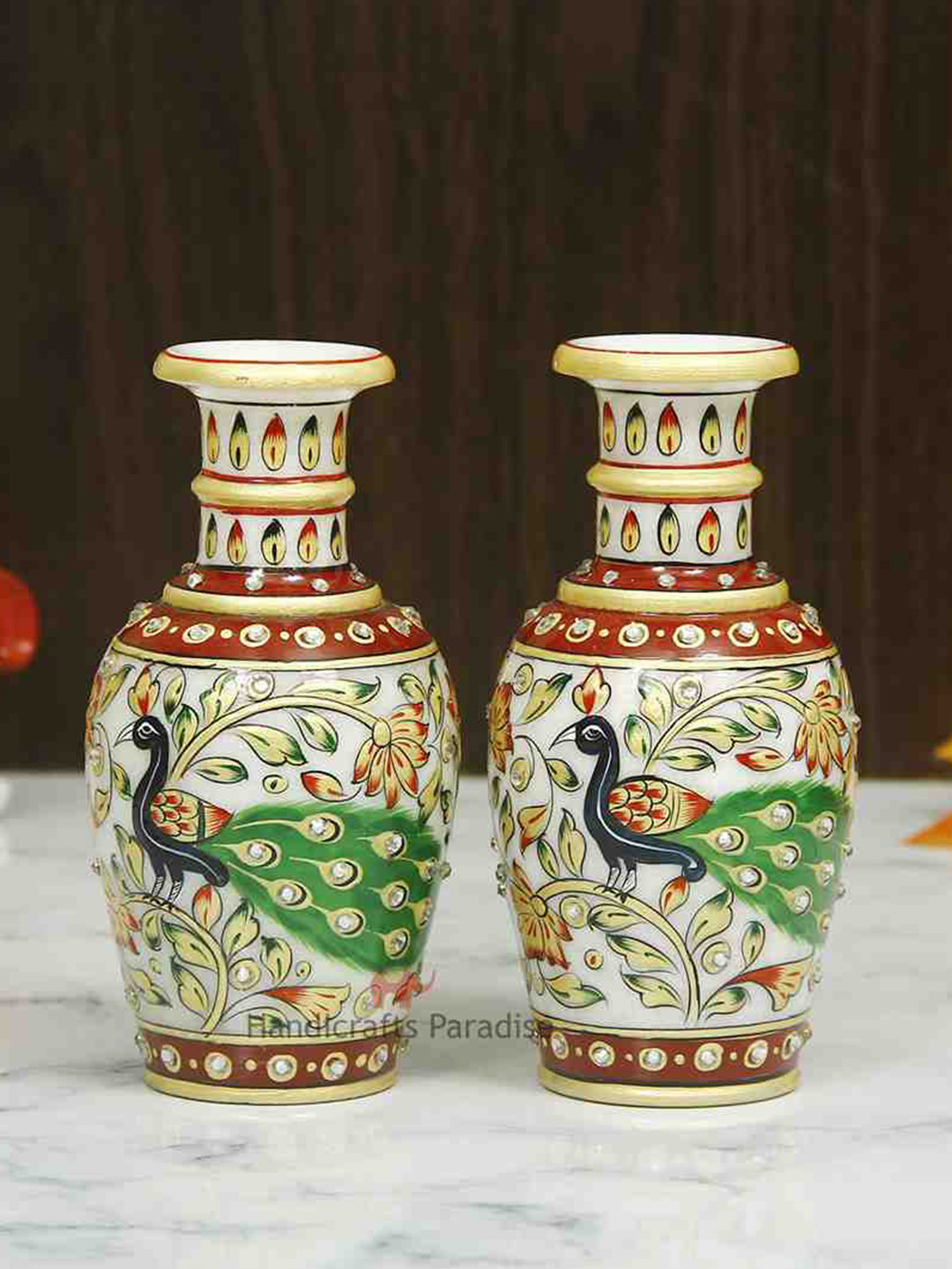 HANDICRAFTS PARADISE Flower Pot Red Marble Glossy Living Room Set of 2 Medium Showpieces - 3 Inches