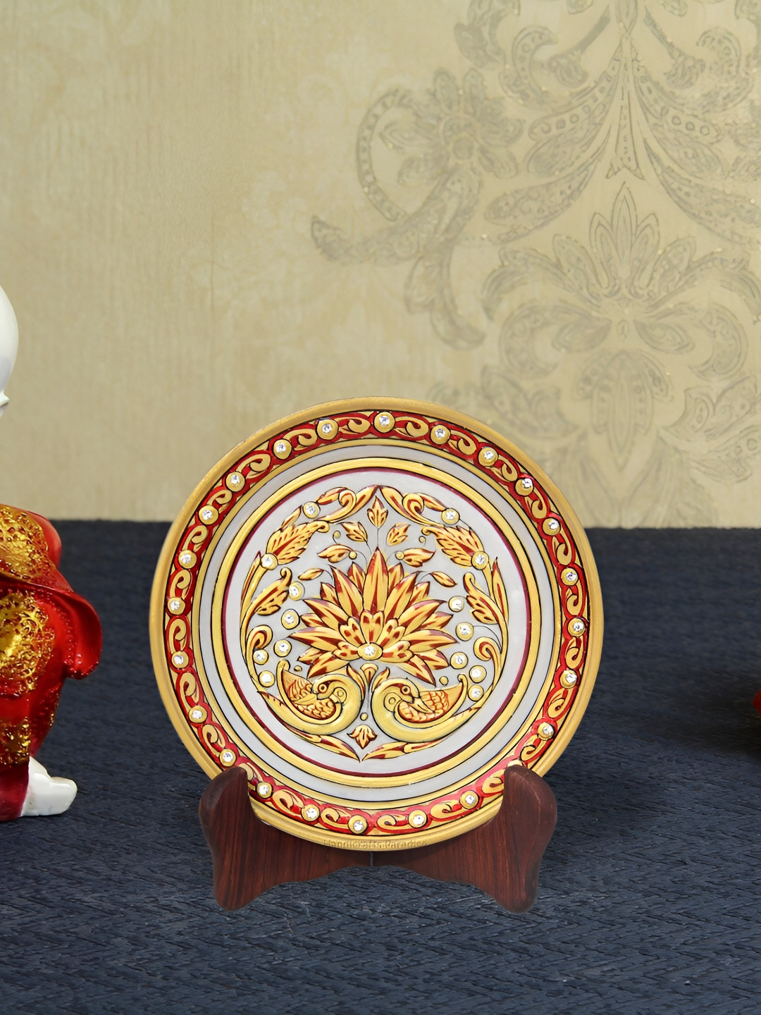 HANDICRAFTS PARADISE Eacock Red Marble Metallic Living Room Set of 2 Small Showpieces - 0.5 Inches