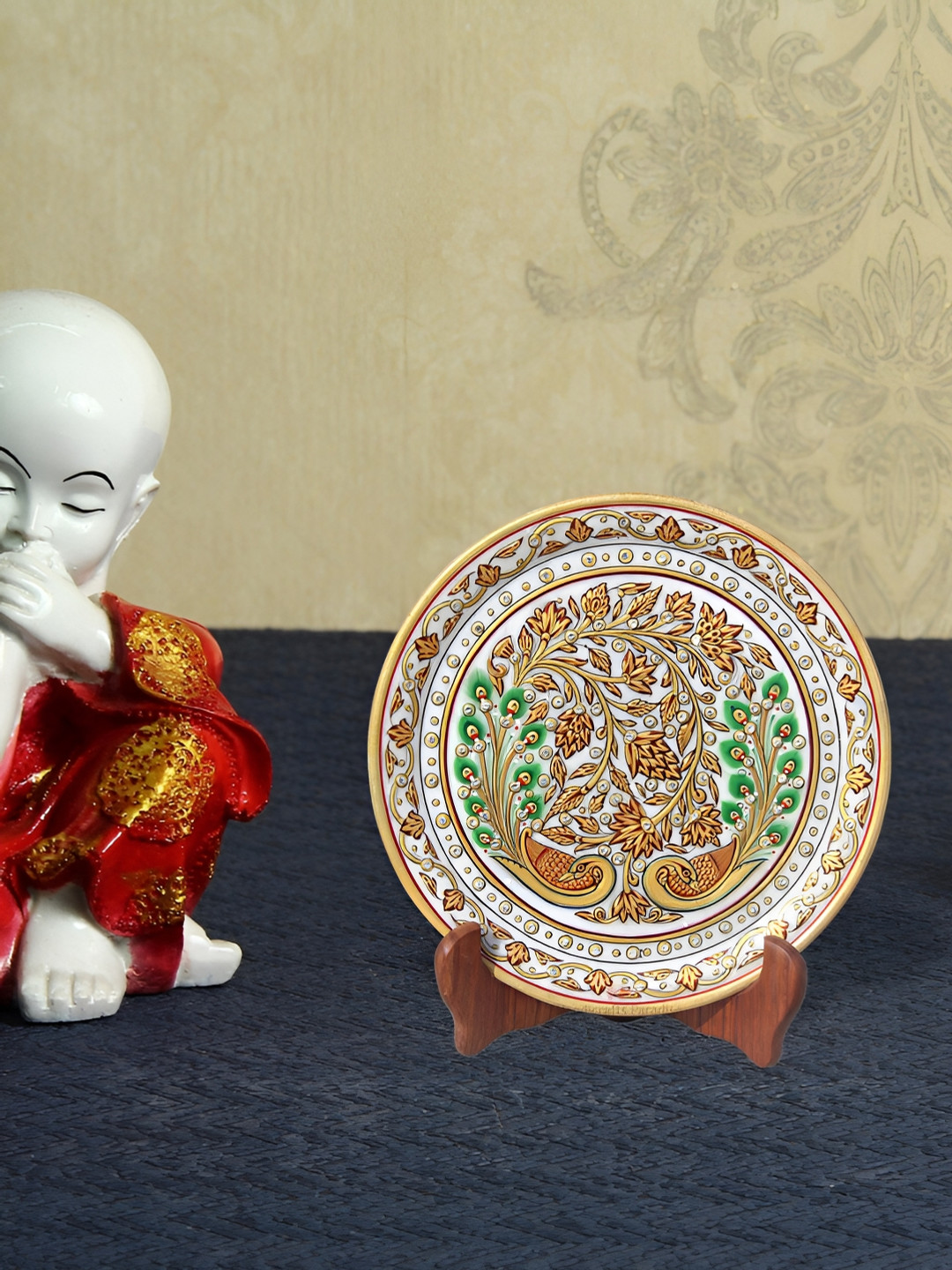 HANDICRAFTS PARADISE Plate with Peacock Pair Red Marble Matte Living Room Hand-Crafted Set of 2 Small Showpieces - 0.5 Inches