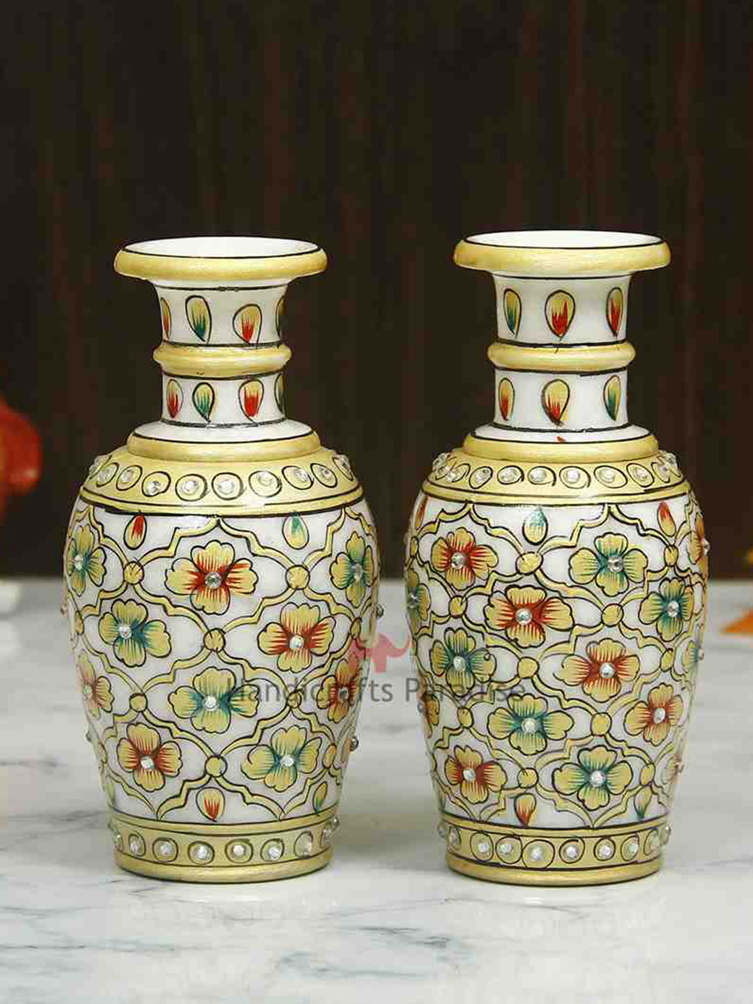 HANDICRAFTS PARADISE Flower Vase with Emboss White Marble Matte Living Room Set of 2 Small Showpieces - 6 Inches