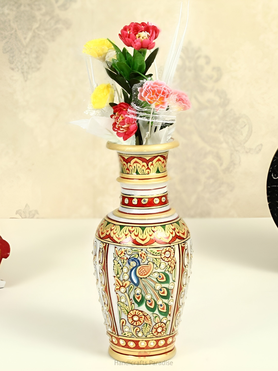 HANDICRAFTS PARADISE Flower Vase with Beautiful Peacock Design Red Marble Glossy Living Room Medium Showpiece - 4 Inches