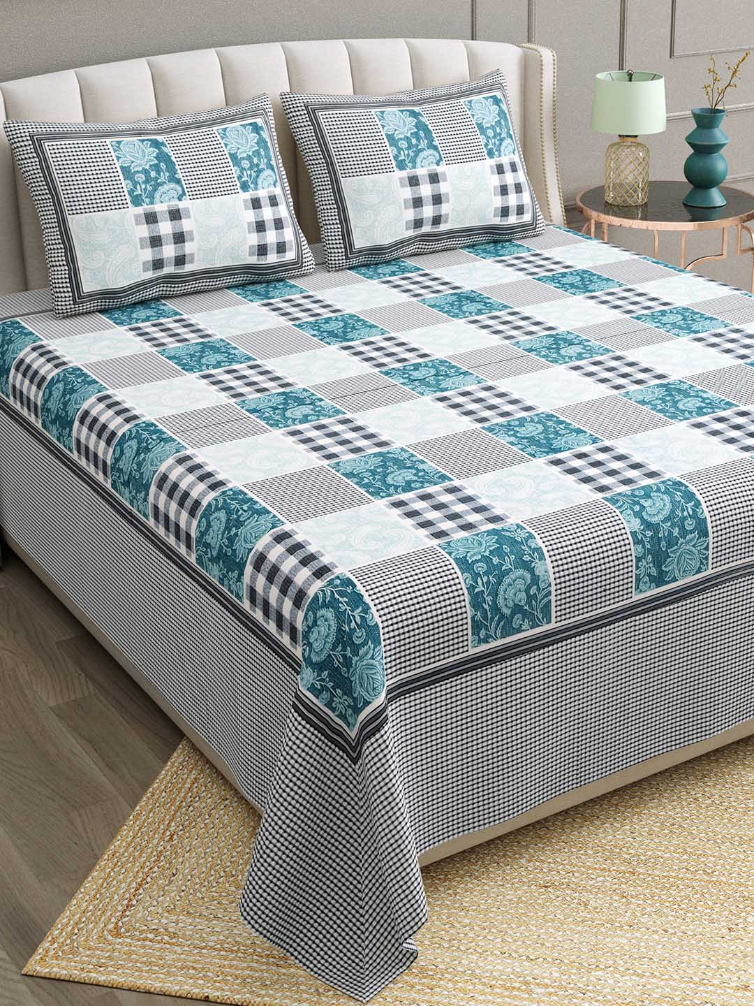 BELLA CASA Blue Geometric Cotton 180 TC King Bedsheet with 2 Pillow Covers-90 x 108 inches