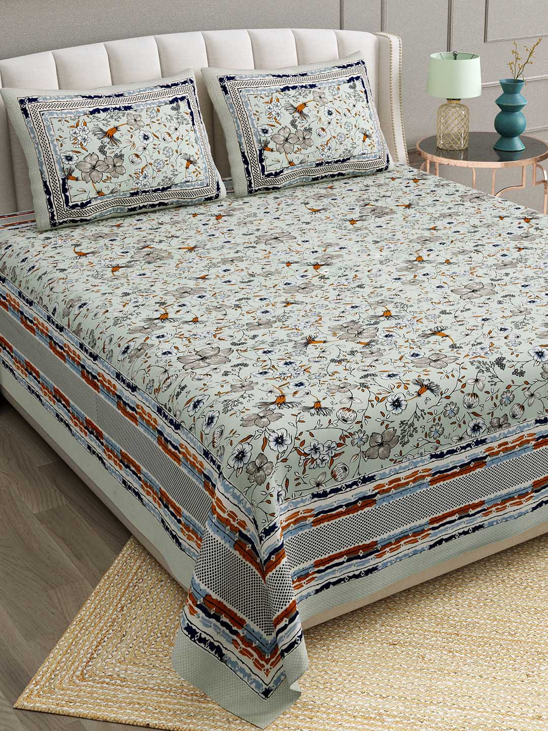 BELLA CASA Traditional Royal Barat Grey Floral Cotton 180 TC King Bedsheet with 2 Pillow Covers-91 x 108 inches