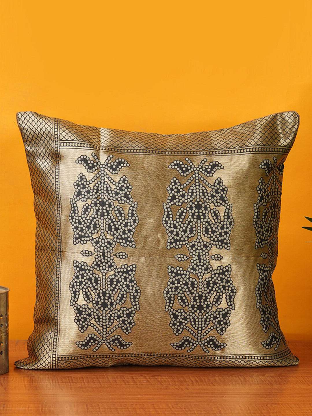 Mryga Black Ethnic Motifs Brocade Durable Embellished Square Cushion Cover -16x16In