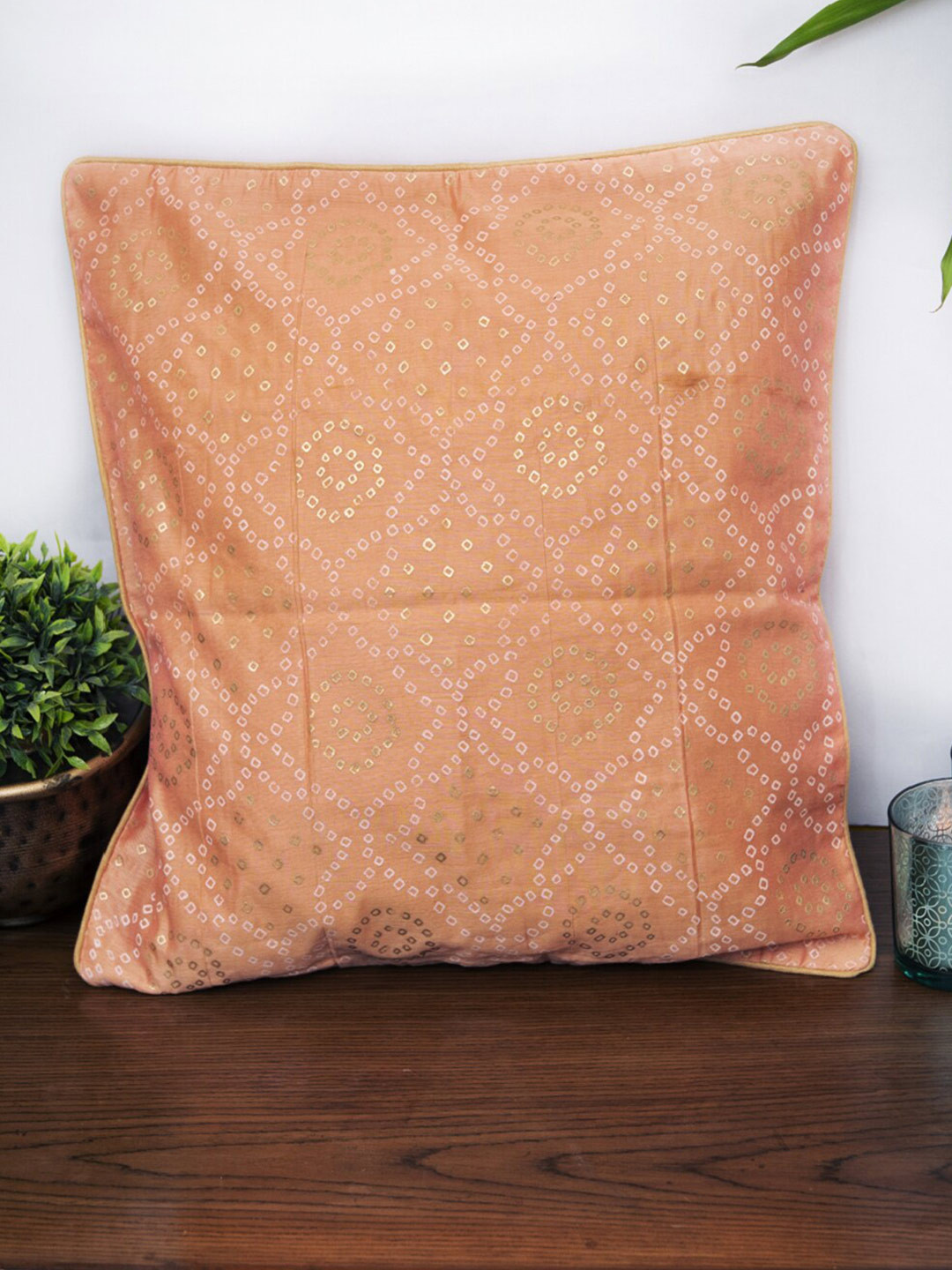 Mryga Bandhni Pink Ethnic Motifs Cotton Silk Washable Zari Square Cushion Cover -16x16In