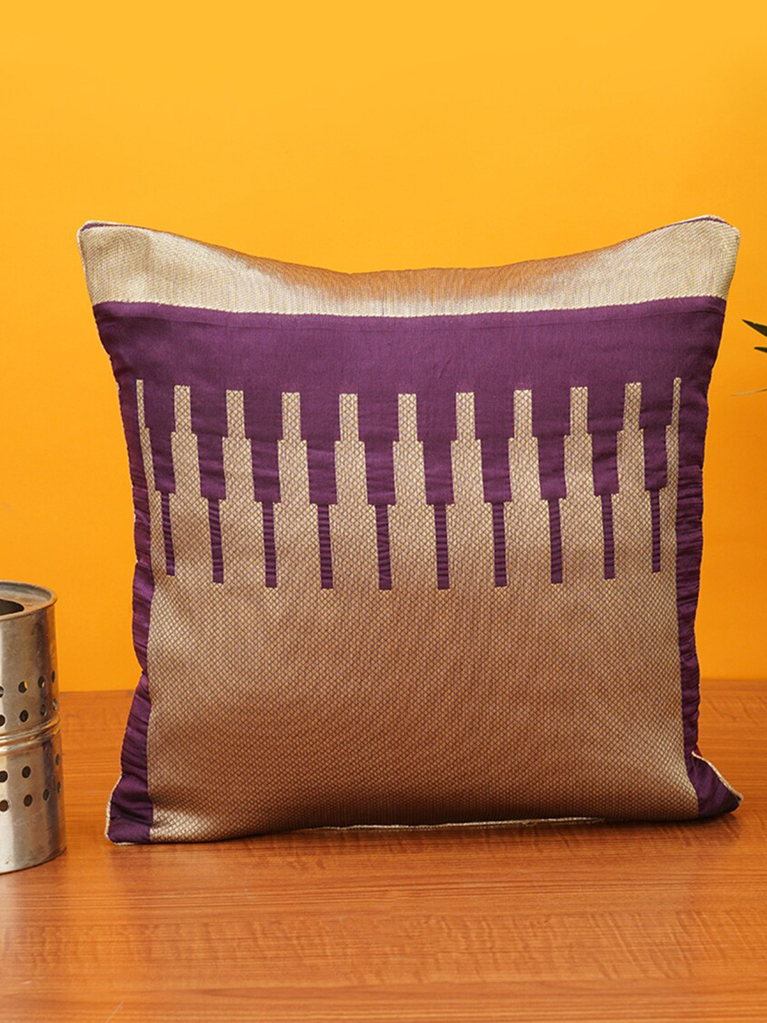 Mryga Purple & Gold Toned Geometric Square Cushion Cover