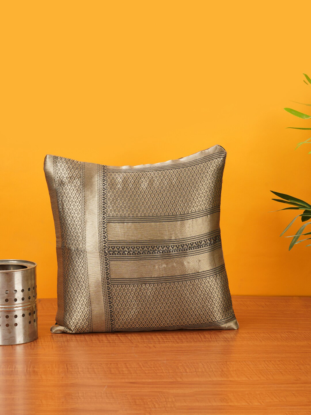 Mryga Gold Geometric Brocade Washable Zari Square Cushion Cover -12x12In