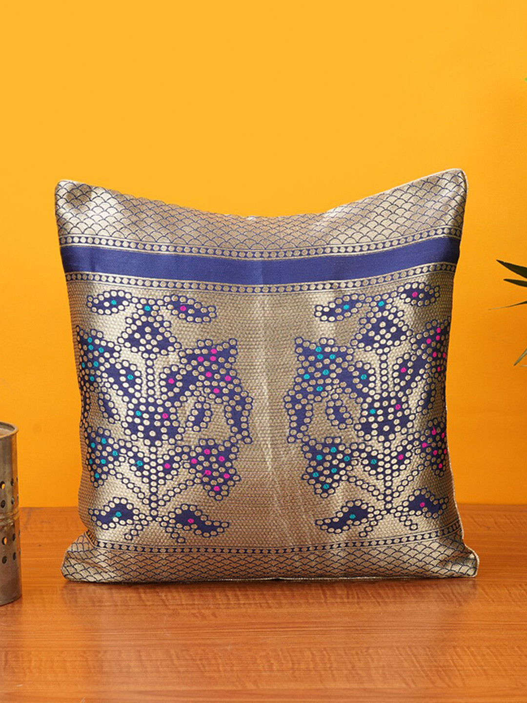 Mryga Banarasi Blue Floral Polyester Silk Washable Square Cushion Cover -12x12In