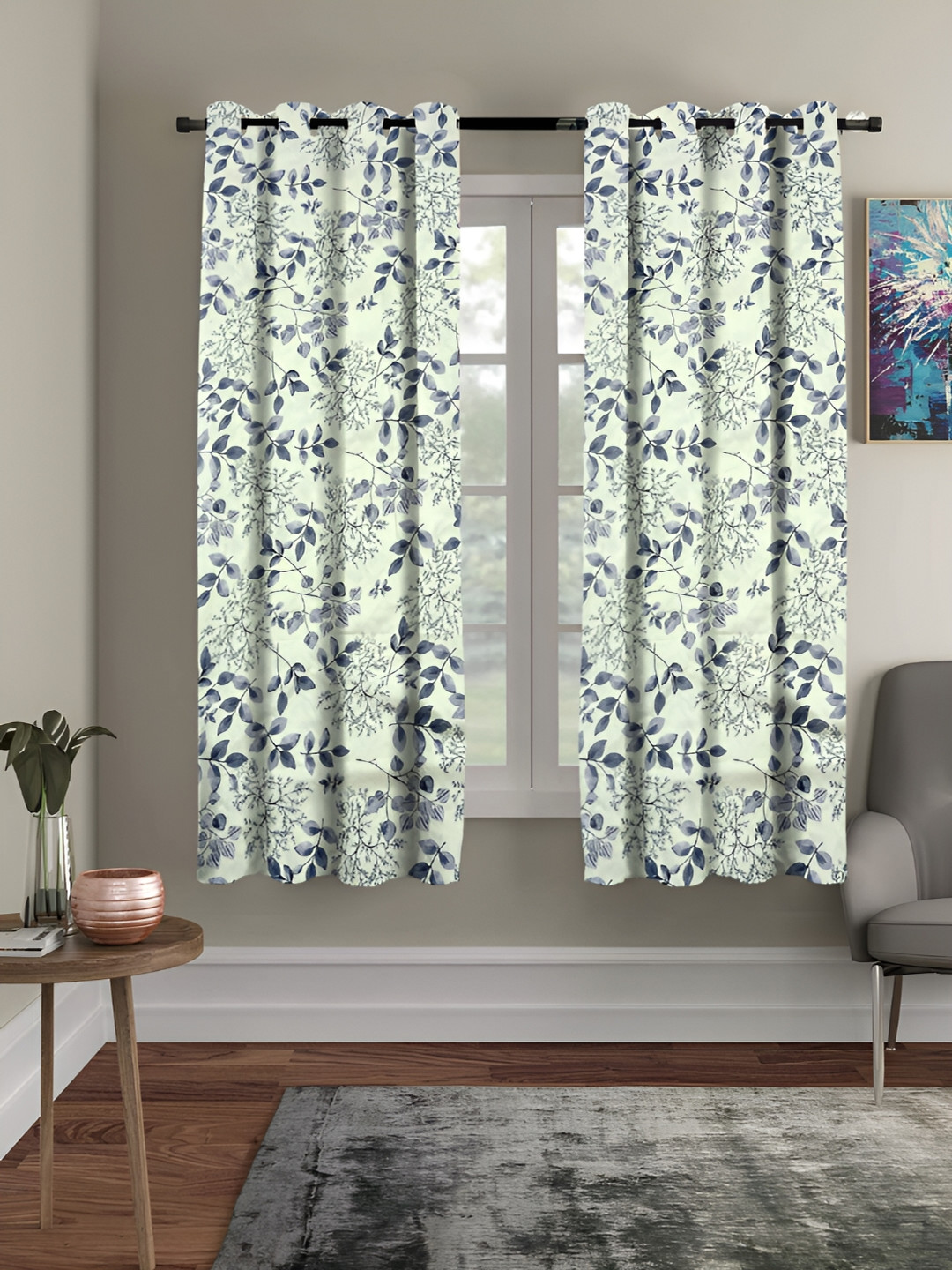 RRC Cream & Blue 2 Pieces Floral Sheer Window Curtains