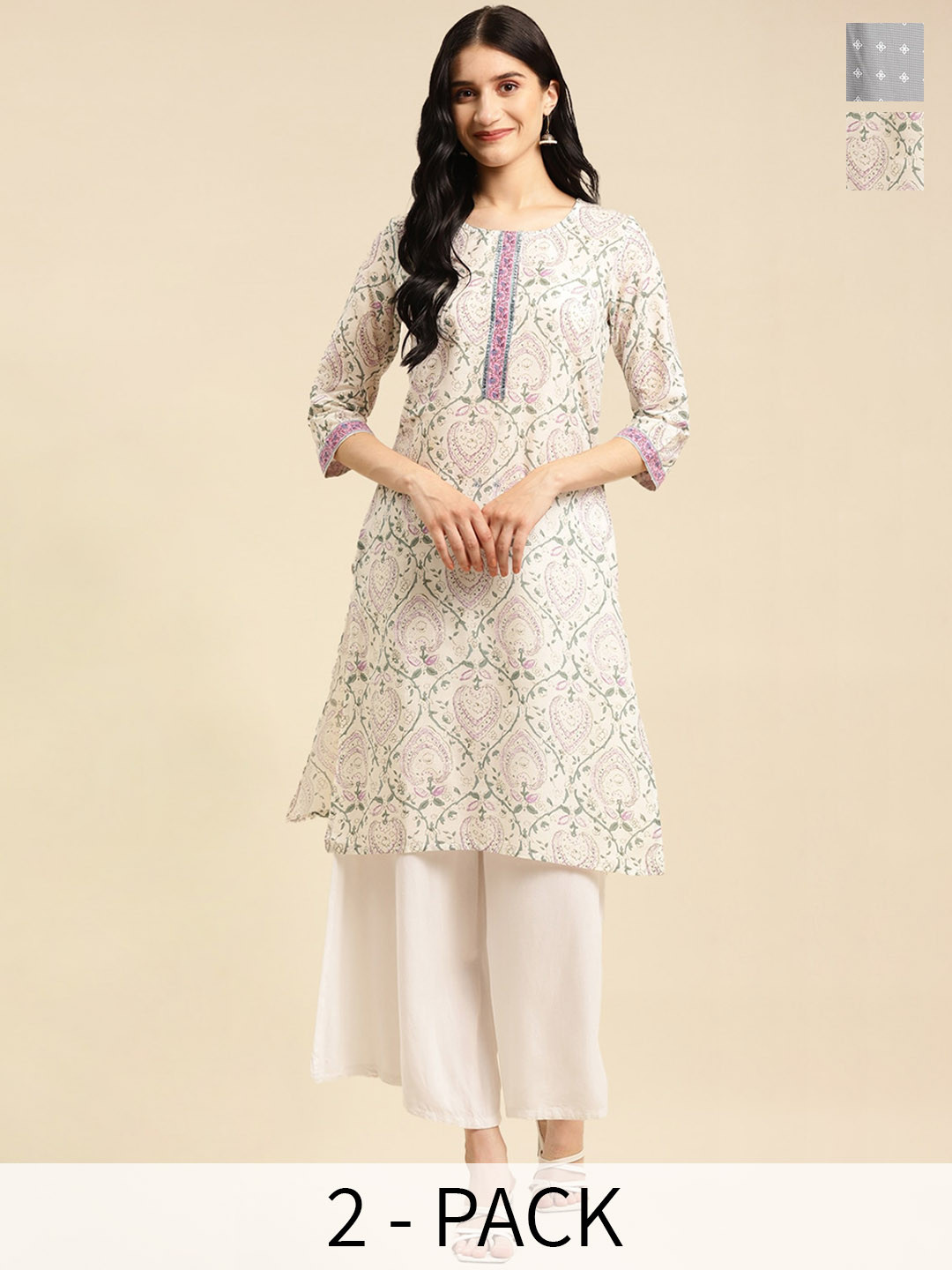 Rangita Seletion Of 2 Printed Notch Neckline Straight Pure Cotton Kurta