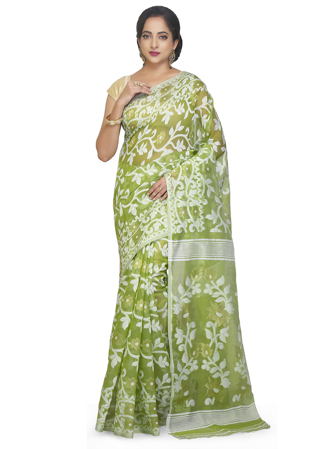 BENGAL HANDLOOM Green & White Woven Design Coton Silk Jamdani Saree