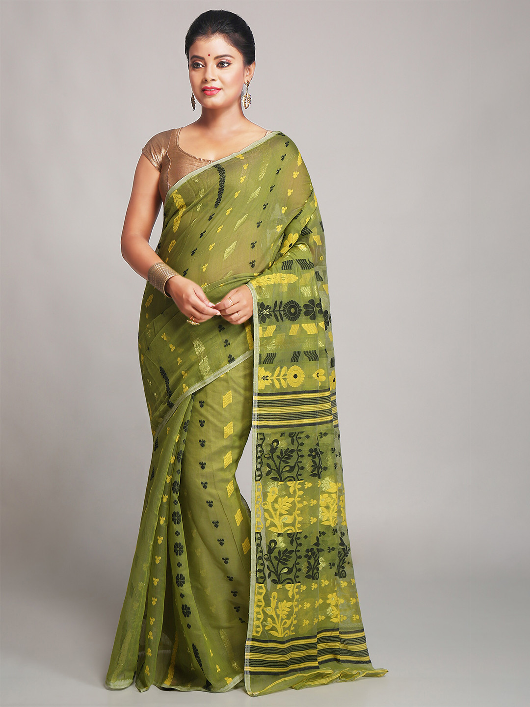 BENGAL HANDLOOM Green & Yellow Ethnic Woven Design Cotton Silk Jamdani Saree
